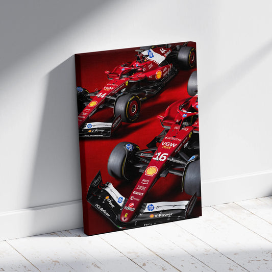 Two Scuderia Ferrari F1 cars on a red background featuring #44 Lewis Hamilton and #16 Charles Leclerc printed as Aniatic fade-proof canvas wall art.