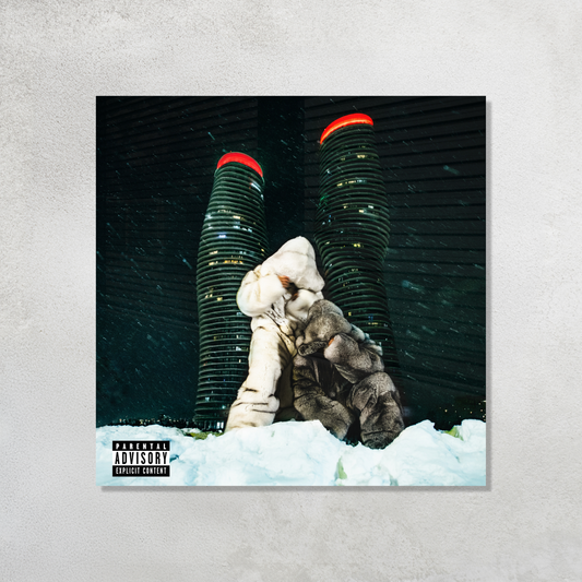 Drake and PARTYNEXTDOOR Some Sexy Songs 4 U Album Cover in mink coats standing in snow printed on premium glossy Acrylic Vibe Panel Plaque by Aniatic.