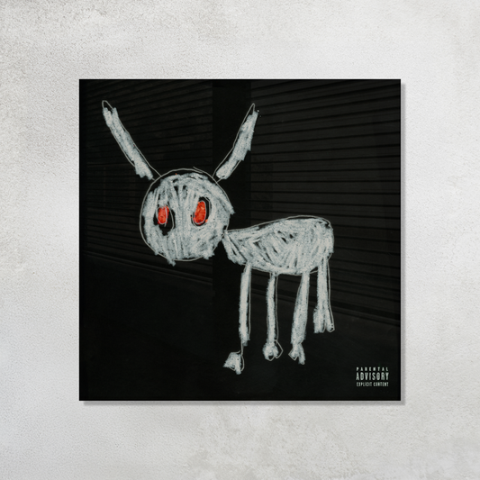 Drake For All The Dogs Album Cover featuring dog drawing by Adonis printed on premium glossy Acrylic Vibe Panel Plaque by Aniatic. Hip Hop wall art decor.