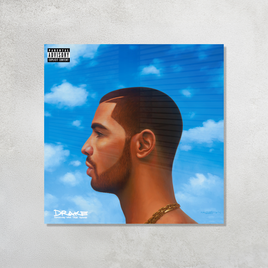 Drake Nothing Was the Same Album Cover profile painting with blue sky clouds printed on premium glossy Acrylic Plaque Vibe Panel by Aniatic.