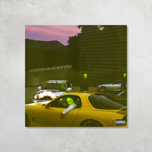 JackBoys Album Cover featuring neon yellow BMW M3 E30 printed on premium glossy Acrylic Plaque Vibe Panel by Aniatic. Hypebeast Car Culture wall art.