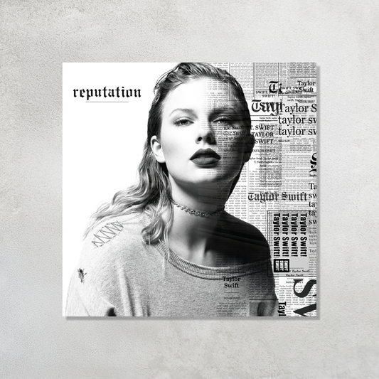 Taylor Swift Reputation Album Cover with newspaper print text printed on premium glossy Acrylic Vibe Panel Plaque by Aniatic. Dark aesthetic wall art.