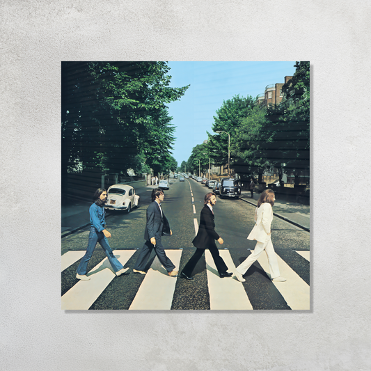 The Beatles Abbey Road Album Cover crossing street printed on premium glossy Acrylic Vibe Panel Plaque by Aniatic. Iconic Classic Rock wall art decor.