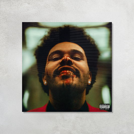The Weeknd After Hours Album Cover with bloody face and red suit printed on premium glossy Acrylic Plaque Vibe Panel by Aniatic. Dark aesthetic wall art.