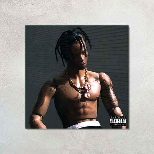 Travis Scott Rodeo Album Cover featuring action figure doll printed on premium glossy Acrylic Plaque Vibe Panel by Aniatic. Hypebeast Trap wall art.