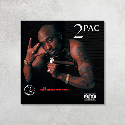 2Pac All Eyez On Me Album Cover printed on premium glossy Acrylic Vibe Panel Plaque by Aniatic. High-resolution Hip Hop wall art decor for music lovers.