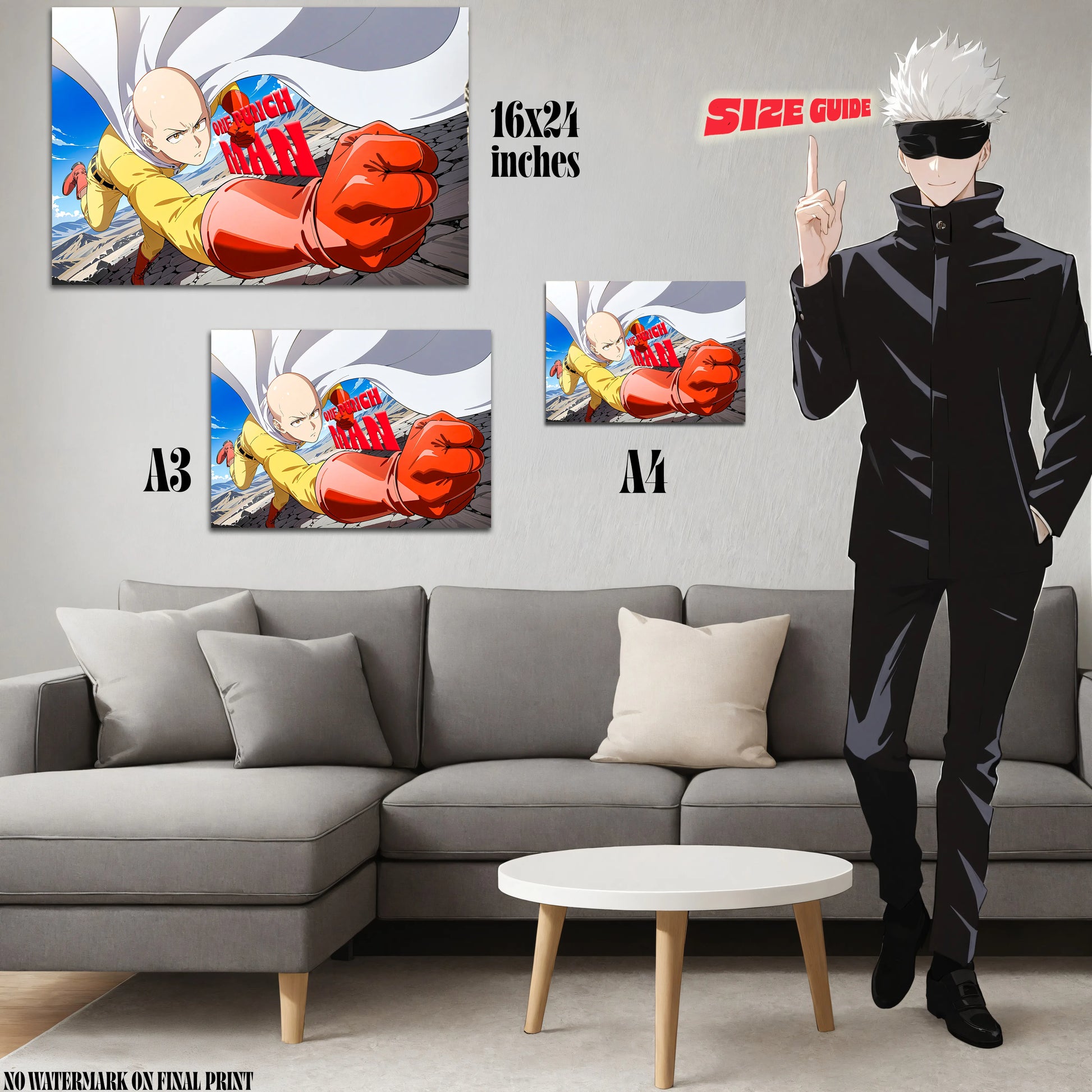 Living room with gray sofa, coffee table, and anime-themed wall art
