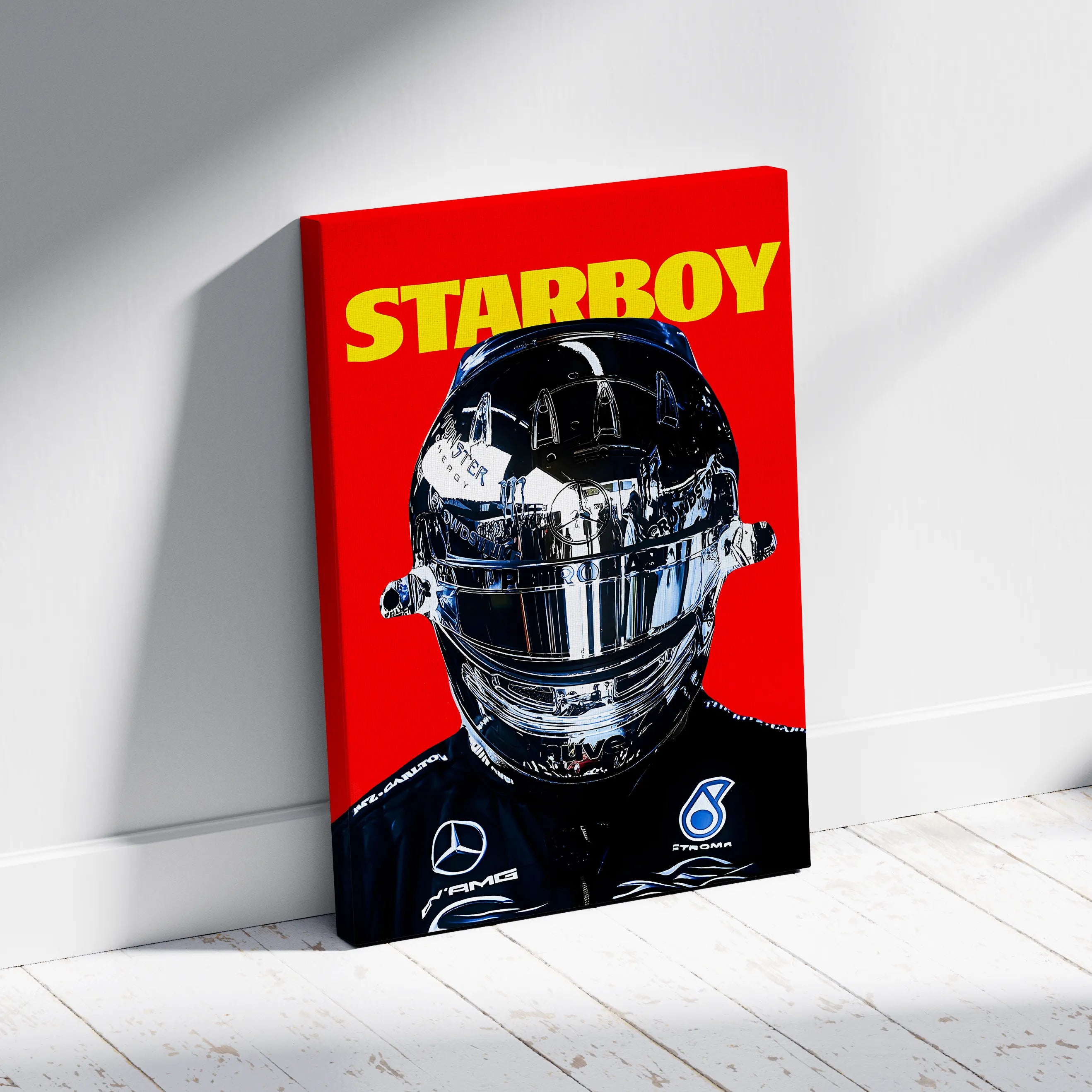 Chrome racing helmet artwork with “STARBOY” text on a bold red background printed as an Aniatic Canvas F1-inspired wall art piece.