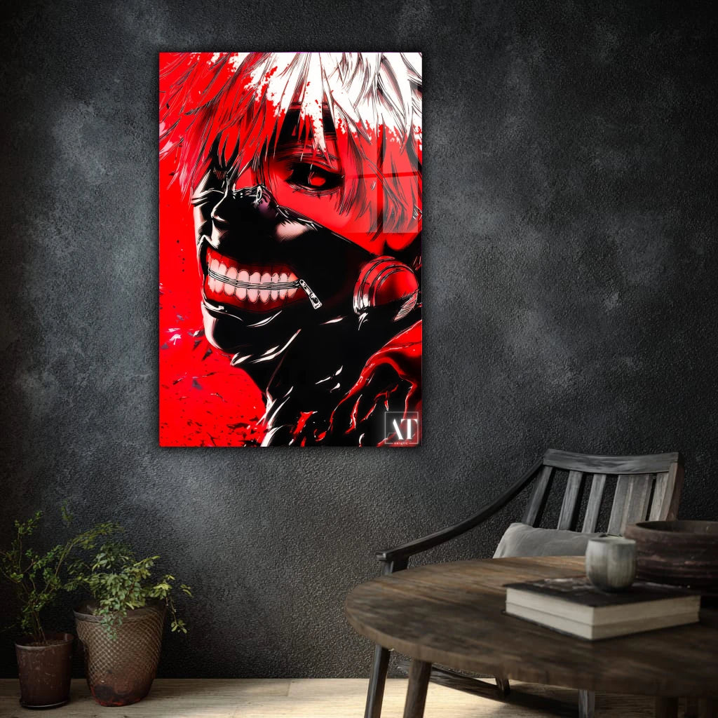 Artistic depiction of a character with red and black colors on a dark wall.