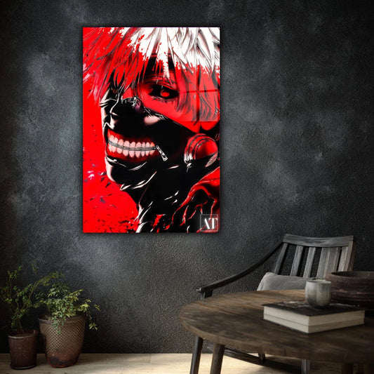Artistic depiction of a character with red and black colors on a dark wall.