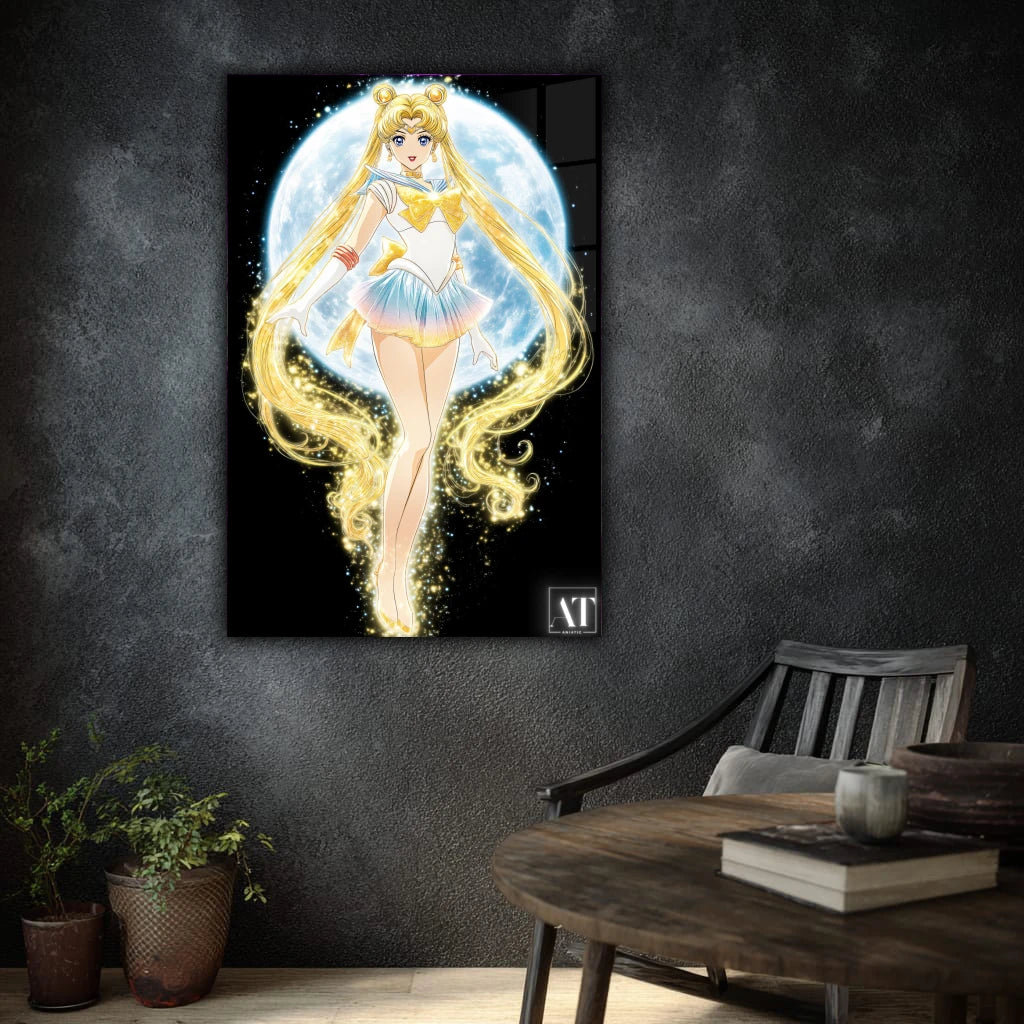 Framed artwork of an animated character on a dark wall with a chair and table in the foreground.