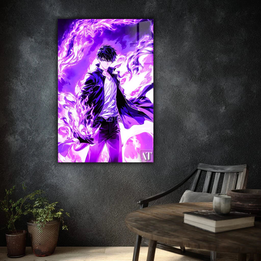 Framed artwork with a stylized figure in purple and white on a dark wall, with a wooden table and chair in the foreground.