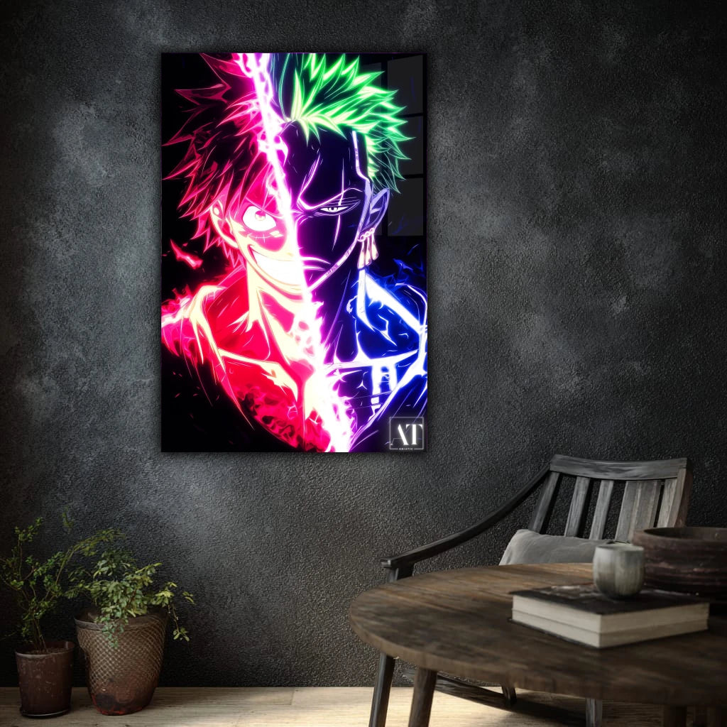 Neon-themed artwork of a character on a dark wall with a wooden chair and table in the foreground.