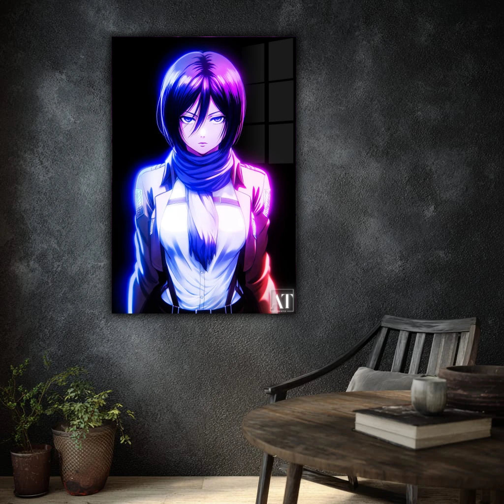 Framed artwork of an anime character on a dark wall with a wooden table and chair in the foreground.