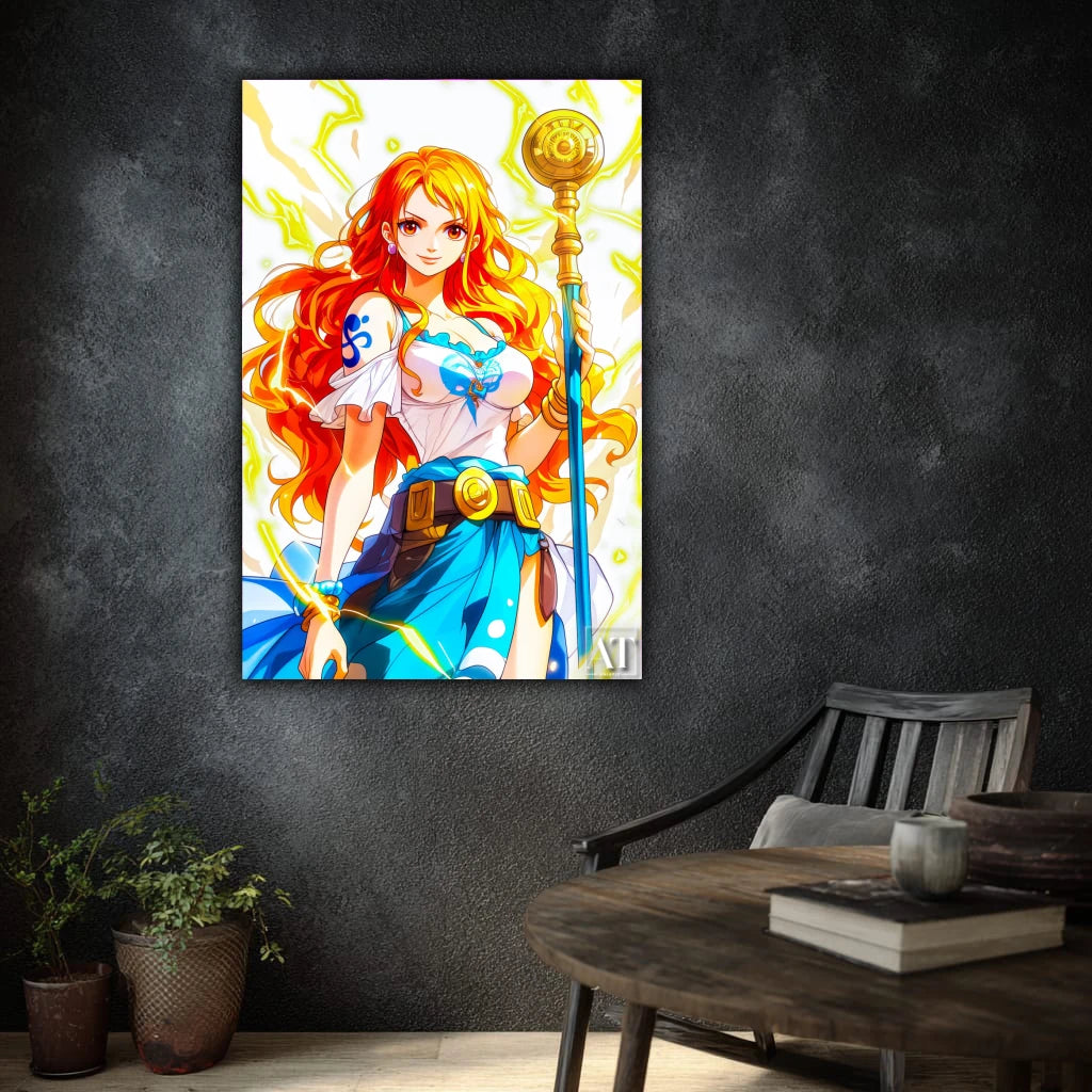 Colorful anime-style painting of a character on a dark wall with a wooden table and chair in the foreground.