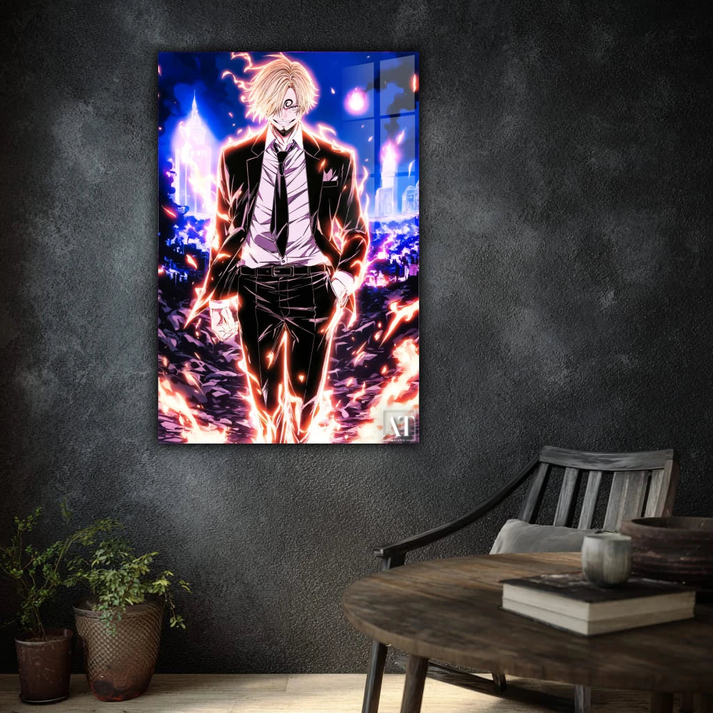 Framed artwork of an anime character on a dark wall with a wooden table and chair in the foreground.