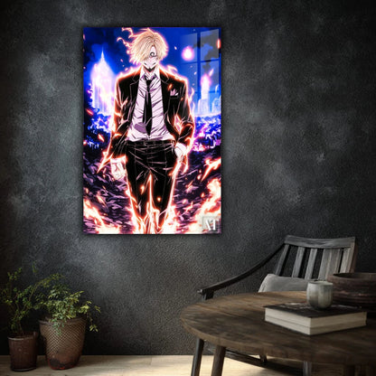 Framed artwork of an anime character on a dark wall with a wooden table and chair in the foreground.