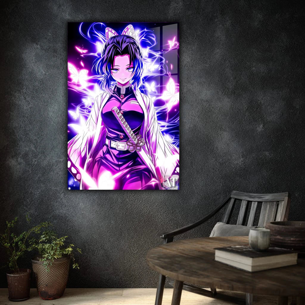 Framed anime-style artwork of a character with purple hair and outfit on a dark wall.