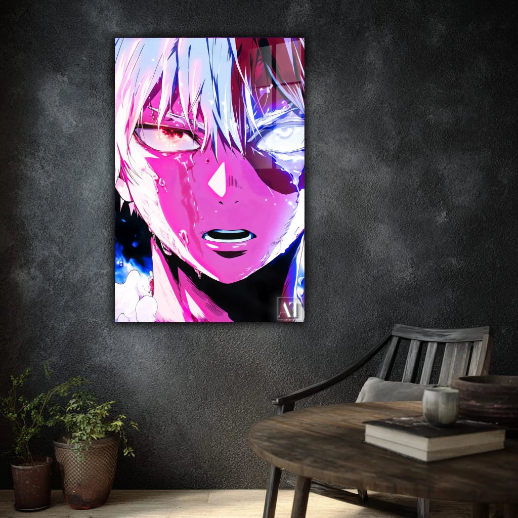Colorful anime-style painting on a dark wall with a wooden chair and table in the foreground.