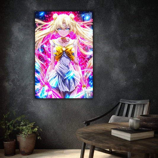 Colorful anime-style poster of a character on a dark wall with a wooden table and chair in the foreground.