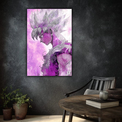 Abstract artwork of a dragon on a purple background in a room with a table and chairs.