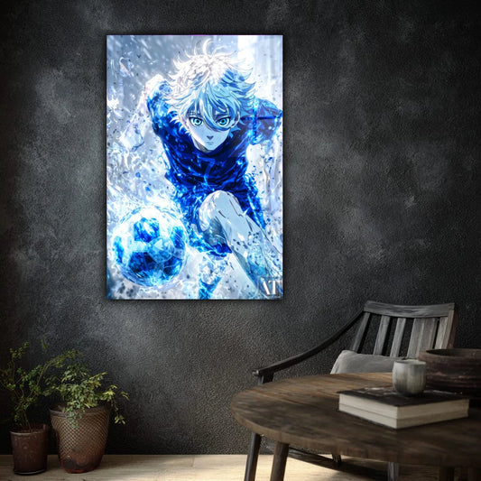 Framed artwork of an animated character in a blue outfit on a dark wall above a wooden table.