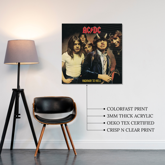 AC/DC Highway to Hell Album Cover printed on premium glossy Acrylic Vibe Panel Plaque by Aniatic. Classic Rock wall art decor for Angus Young fans.