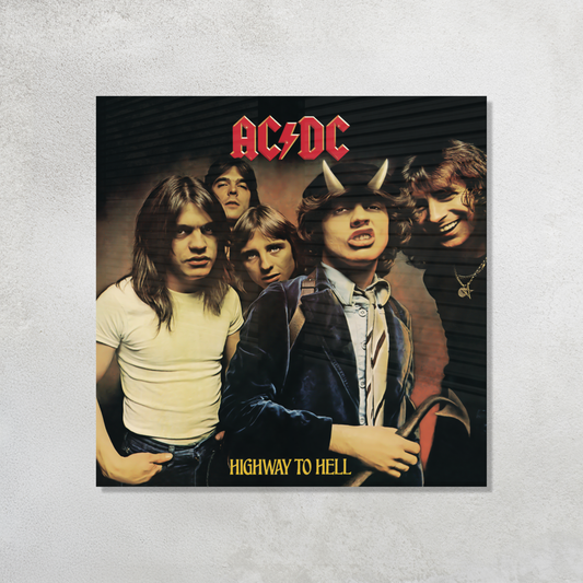 AC/DC Highway to Hell Album Cover printed on premium glossy Acrylic Vibe Panel Plaque by Aniatic. Classic Rock wall art decor for Angus Young fans.