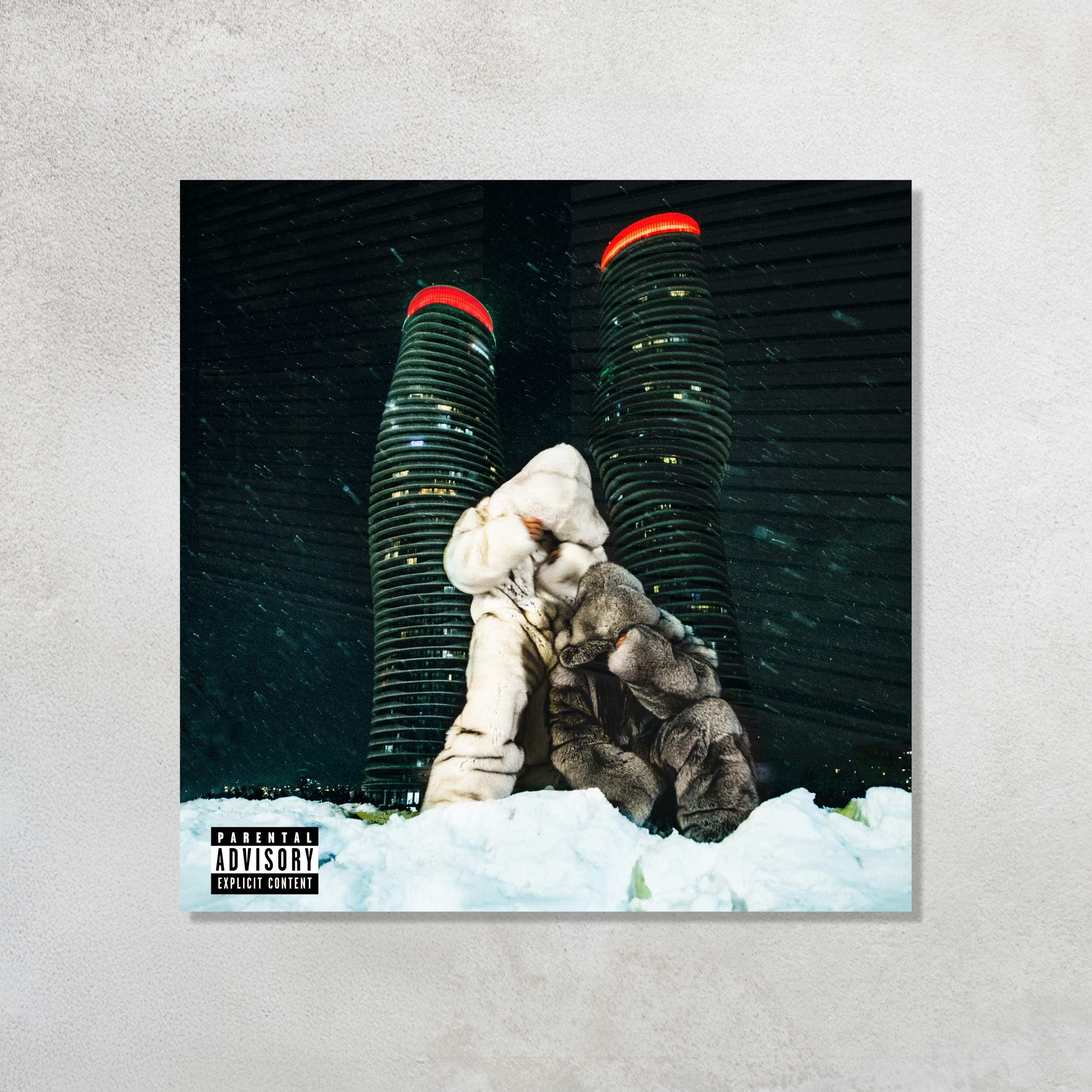 Drake and PARTYNEXTDOOR Some Sexy Songs 4 U Album Cover in mink coats standing in snow printed on premium glossy Acrylic Vibe Panel Plaque by Aniatic.