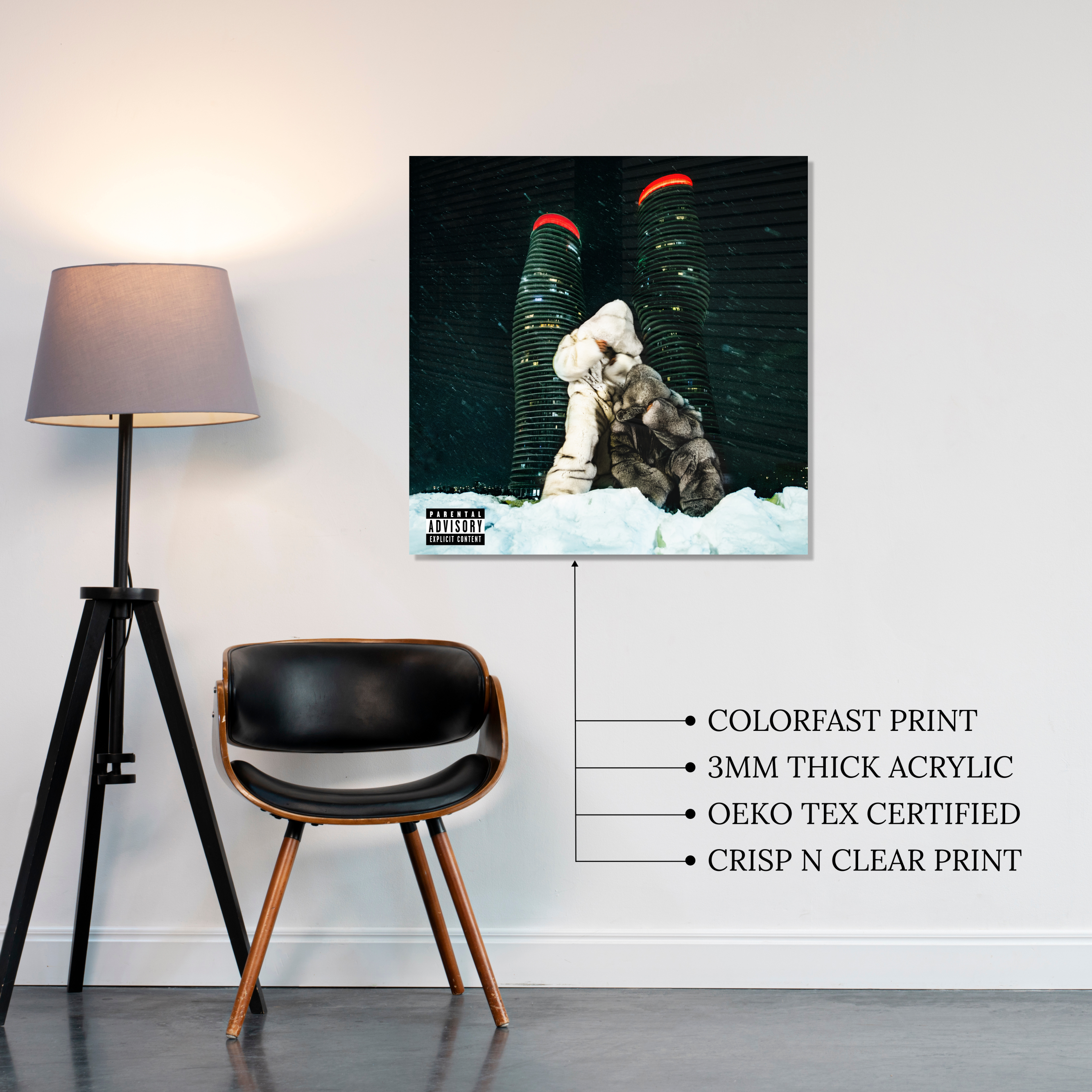 Drake and PARTYNEXTDOOR Some Sexy Songs 4 U Album Cover in mink coats standing in snow printed on premium glossy Acrylic Vibe Panel Plaque by Aniatic.