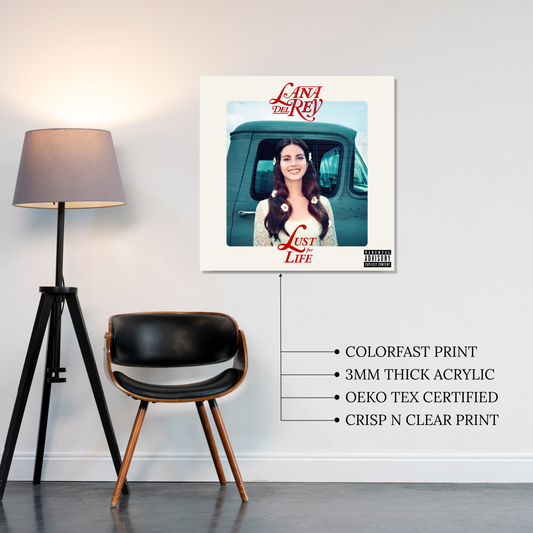 Lana Del Rey Lust For Life Album Cover smiling with daisies printed on premium glossy Acrylic Vibe Panel Plaque by Aniatic. Vintage aesthetic wall art.