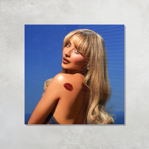 Sabrina Carpenter Short n' Sweet Album Cover featuring kiss mark on shoulder printed on premium glossy Acrylic Plaque Vibe Panel by Aniatic. Coquette Pop wall art.