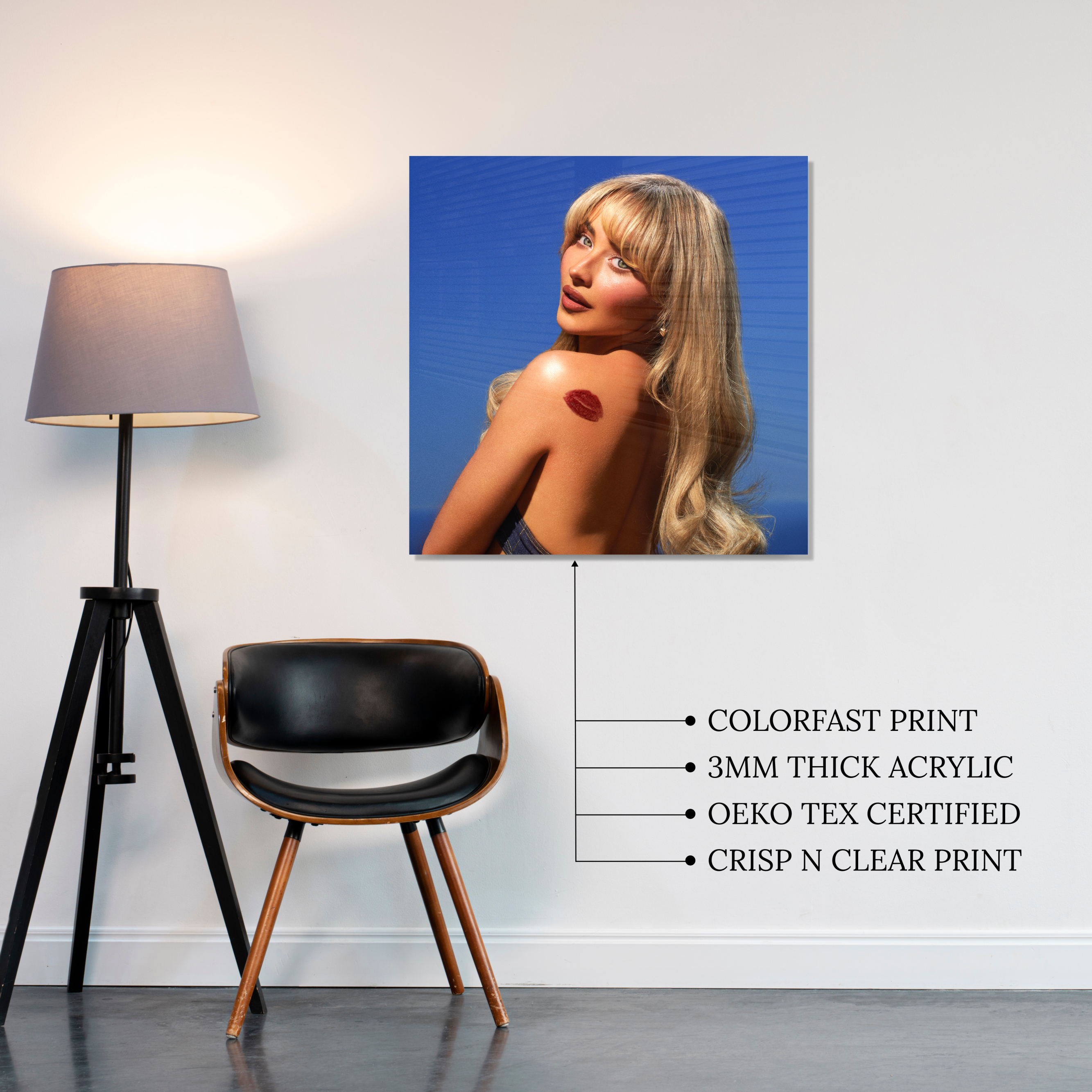 Sabrina Carpenter Short n' Sweet Album Cover featuring kiss mark on shoulder printed on premium glossy Acrylic Plaque Vibe Panel by Aniatic. Coquette Pop wall art.