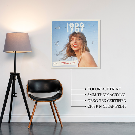 Taylor Swift 1989 Taylor's Version Deluxe Album Cover with blue sky and seagulls printed on premium glossy Acrylic Plaque Vibe Panel by Aniatic.