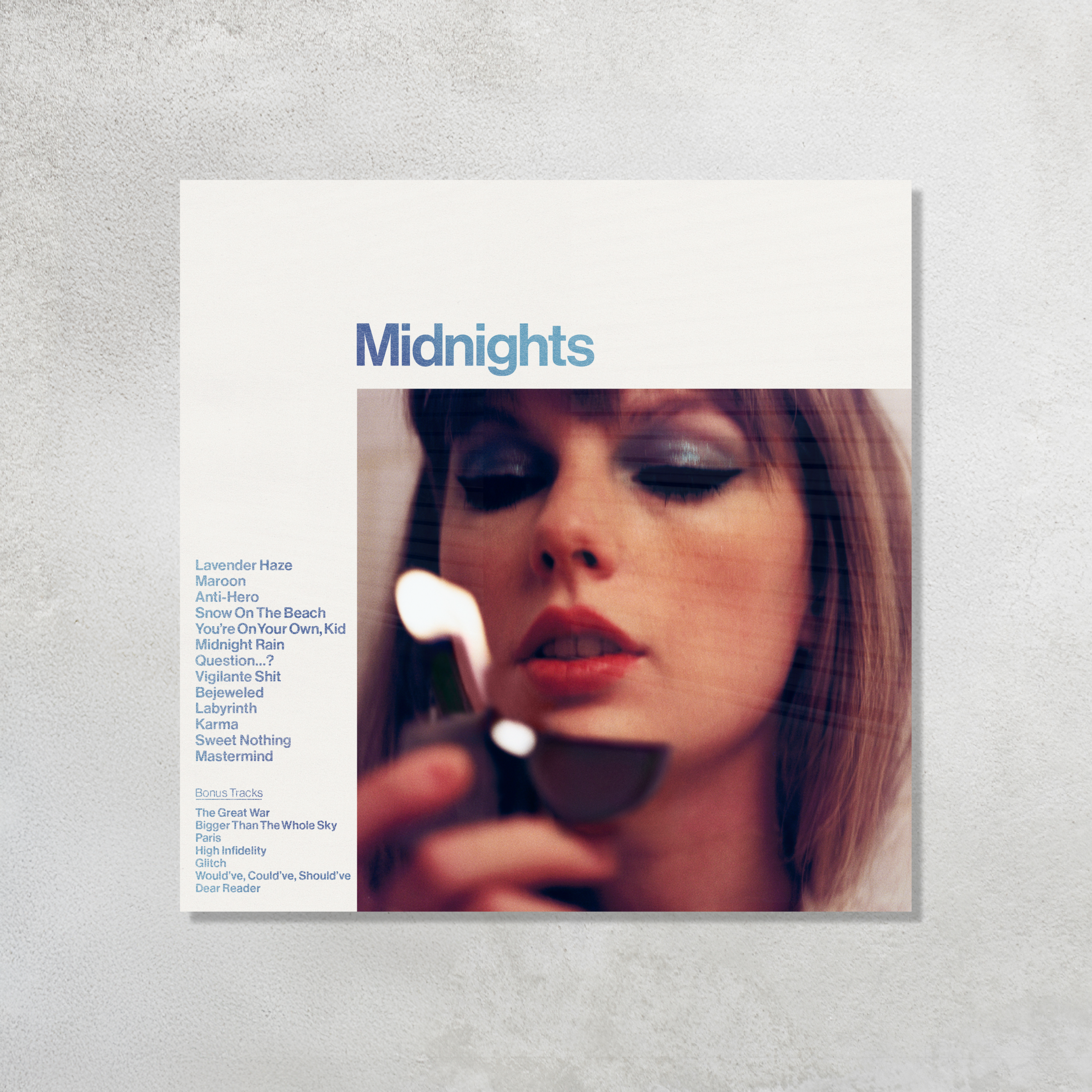 Taylor Swift Midnights Album Cover holding lighter printed on premium glossy Acrylic Plaque Vibe Panel by Aniatic. 70s aesthetic Blue wall art.
