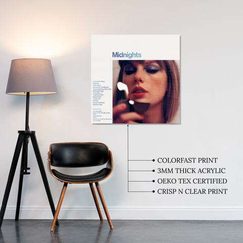 Taylor Swift Midnights Album Cover holding lighter printed on premium glossy Acrylic Plaque Vibe Panel by Aniatic. 70s aesthetic Blue wall art.