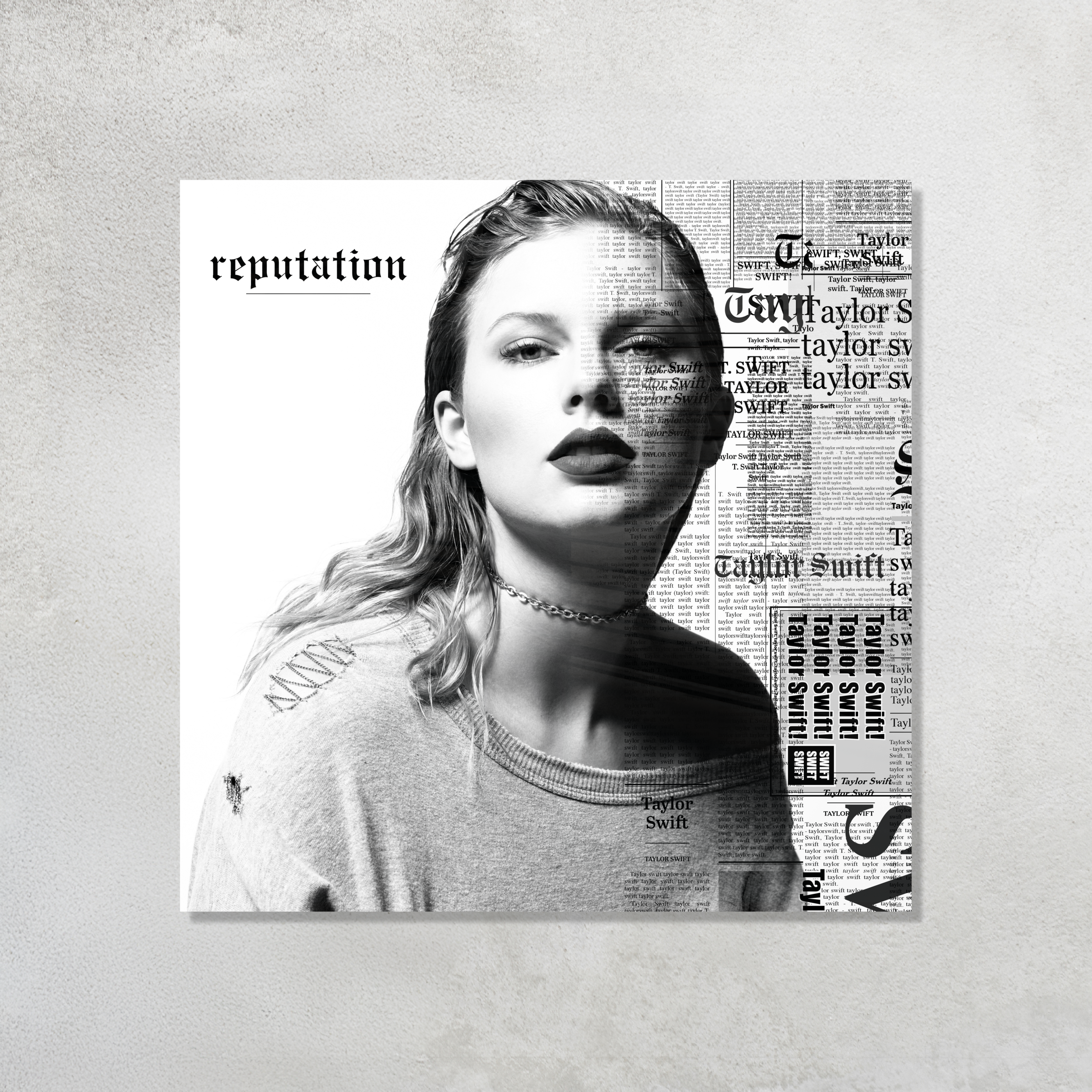 Taylor Swift Reputation Album Cover with newspaper print text printed on premium glossy Acrylic Vibe Panel Plaque by Aniatic. Dark aesthetic wall art.