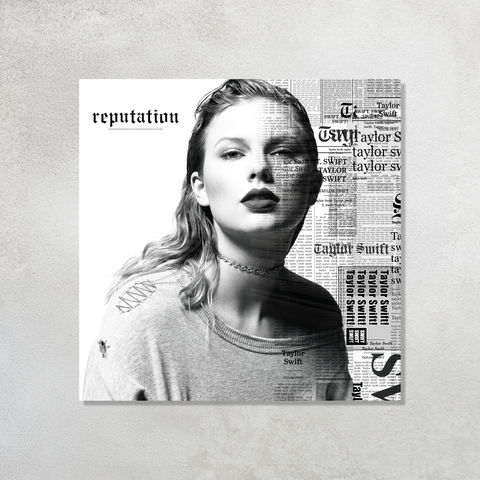 Taylor Swift Reputation Album Cover with newspaper print text printed on premium glossy Acrylic Vibe Panel Plaque by Aniatic. Dark aesthetic wall art.