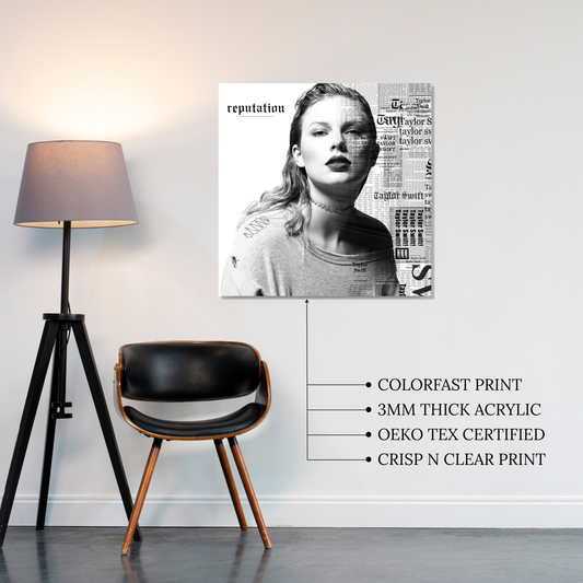 Taylor Swift Reputation Album Cover with newspaper print text printed on premium glossy Acrylic Vibe Panel Plaque by Aniatic. Dark aesthetic wall art.