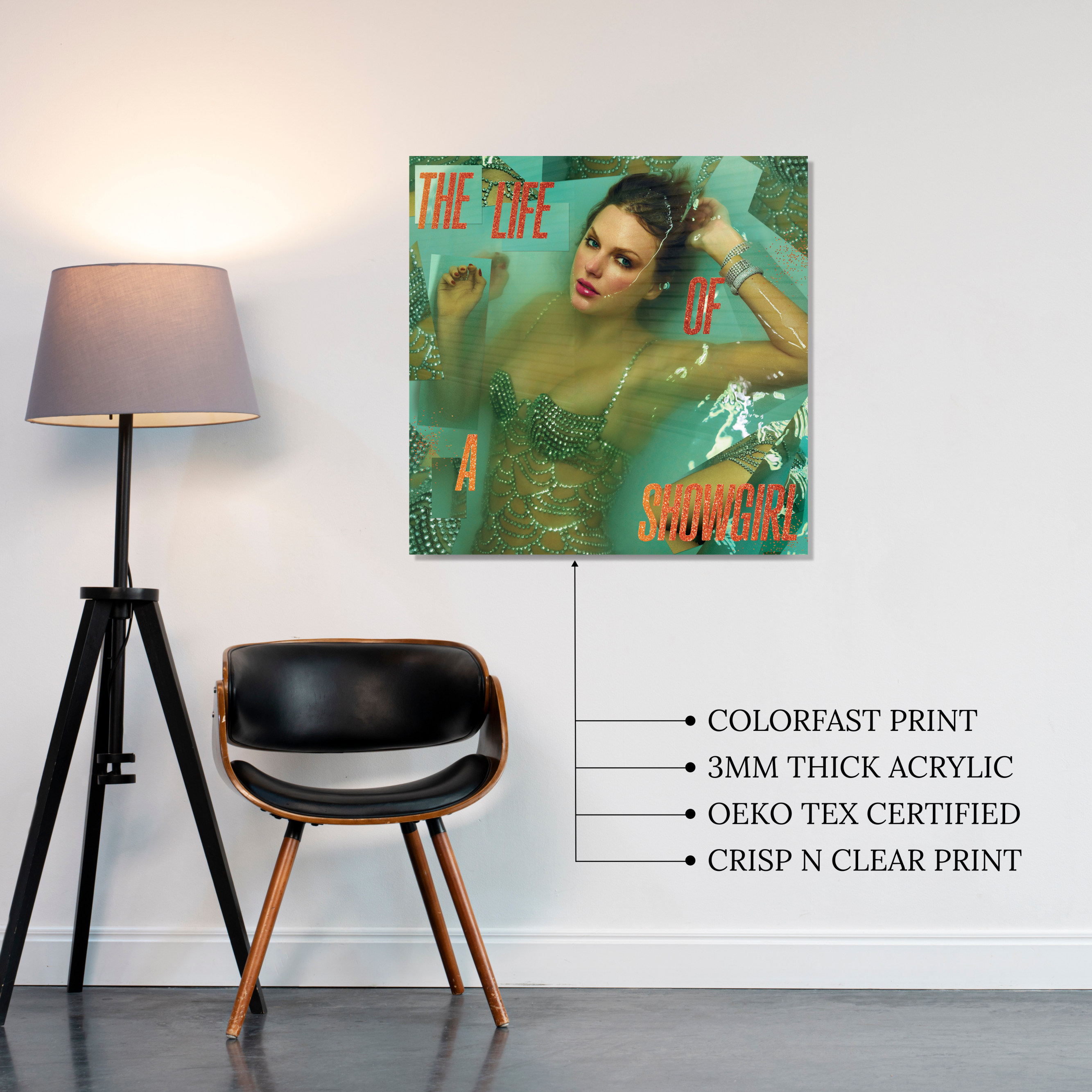 Taylor Swift The Life of a Showgirl Unreleased Album Cover printed on premium glossy Acrylic Plaque Vibe Panel by Aniatic. Rare Country aesthetic wall art.