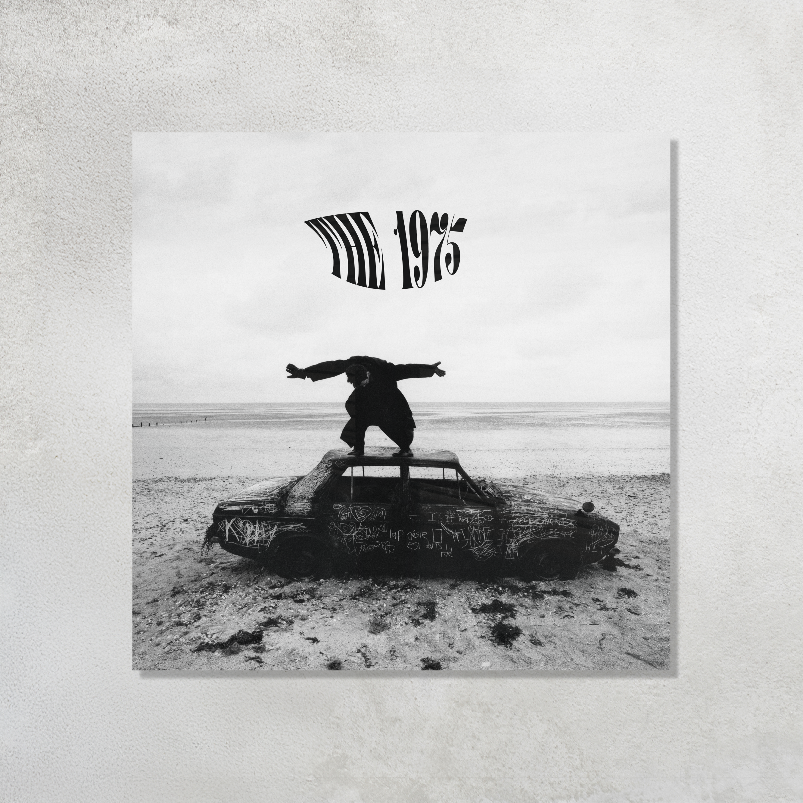 The 1975 Being Funny In A Foreign Language Album Cover featuring Matty Healy printed on premium glossy Acrylic Plaque Vibe Panel by Aniatic. B&W Indie wall art.