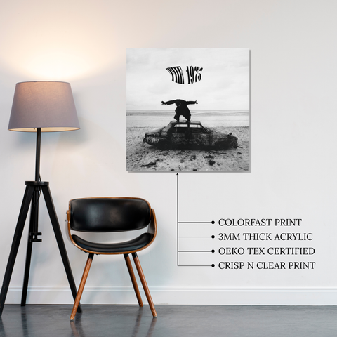 The 1975 Being Funny In A Foreign Language Album Cover featuring Matty Healy printed on premium glossy Acrylic Plaque Vibe Panel by Aniatic. B&W Indie wall art.