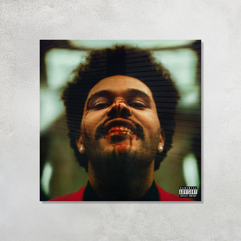 The Weeknd After Hours Album Cover with bloody face and red suit printed on premium glossy Acrylic Plaque Vibe Panel by Aniatic. Dark aesthetic wall art.