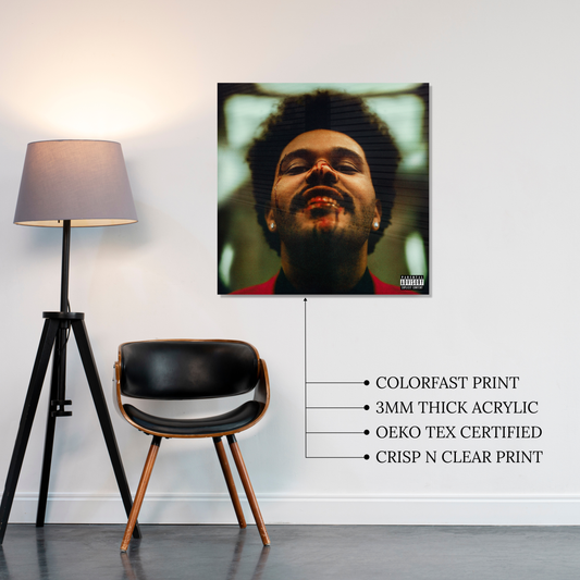 The Weeknd After Hours Album Cover with bloody face and red suit printed on premium glossy Acrylic Plaque Vibe Panel by Aniatic. Dark aesthetic wall art.