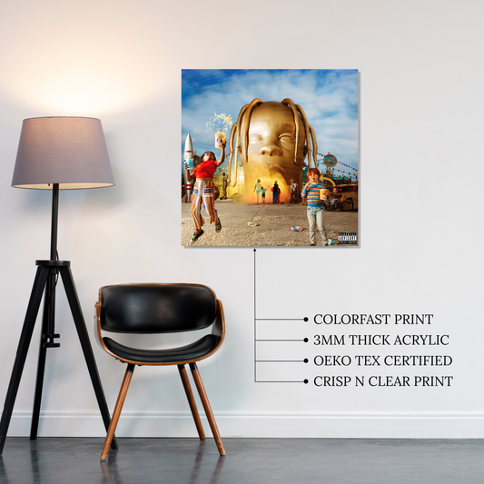 Travis Scott Astroworld Album Cover featuring giant golden inflatable head entrance printed on premium glossy Acrylic Plaque Vibe Panel by Aniatic.