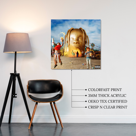 Travis Scott Astroworld Album Cover featuring giant golden inflatable head entrance printed on premium glossy Acrylic Plaque Vibe Panel by Aniatic.